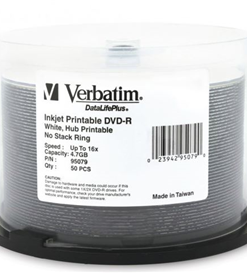 Verbatim DVD-R 4.7GB 16x White Wide Inkjet Printable 50pk on Spindle