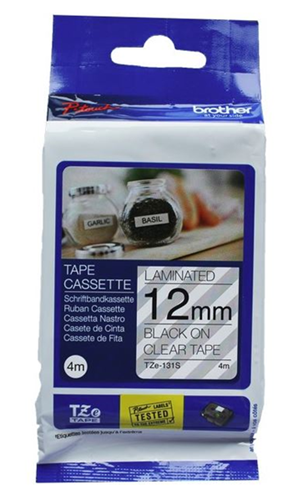 Brother TZe-131S 12mm x 4m Black on Clear Laminated Tape 1 Brother TZe-131S 12mm x 4m Black on Clear Laminated Tape